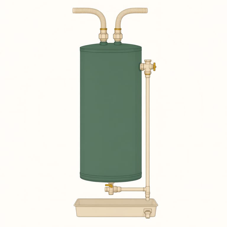Labeled diagram of a replacement tank water heater showing flexible water connectors, dielectric unions, the TPR valve with a full-size discharge pipe ending above a drain pan, and the gas shutoff valve