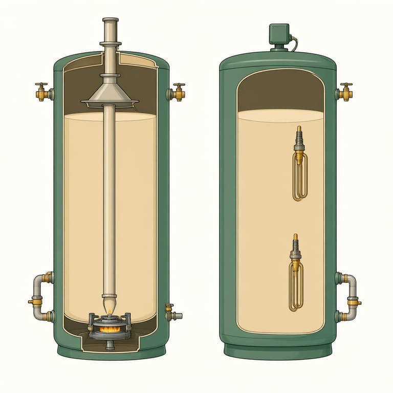 Side by side cutaway comparison of a gas storage water heater with a burner, flue pipe through the tank center and a draft hood, next to an electric storage water heater with two screw-in heating elements and a top conduit, both with cold inlet and hot outlet pipes