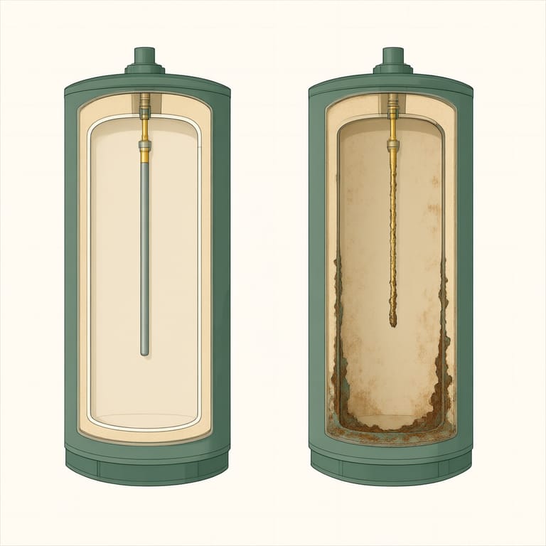 Cutaway illustration of two storage water heaters side by side: a newer tank with an intact anode rod and lining, and an aging tank with a depleted anode and corrosion forming at the seams
