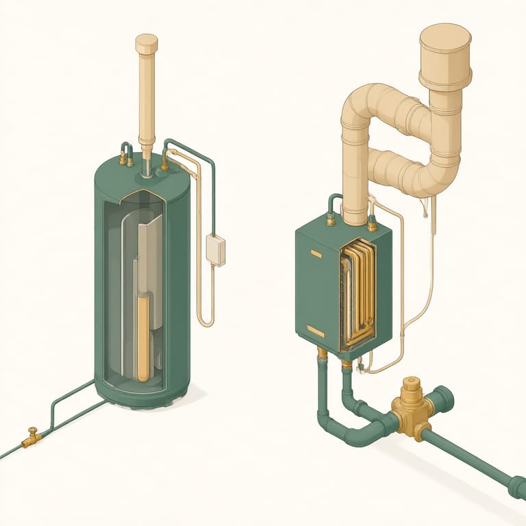 Isometric diagram comparing the installation parts of a tank water heater and a tankless water heater as two groups of component blocks: the unit, venting, gas line, water connections and electrical, with the tankless group visibly larger in venting and gas line parts