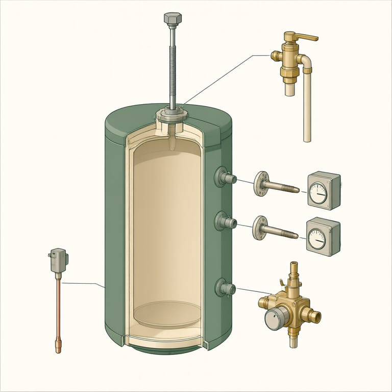 Exploded technical diagram of a residential water heater separating its common failure parts: anode rod, heating elements, thermostat housings, thermocouple, gas control valve, and relief valve