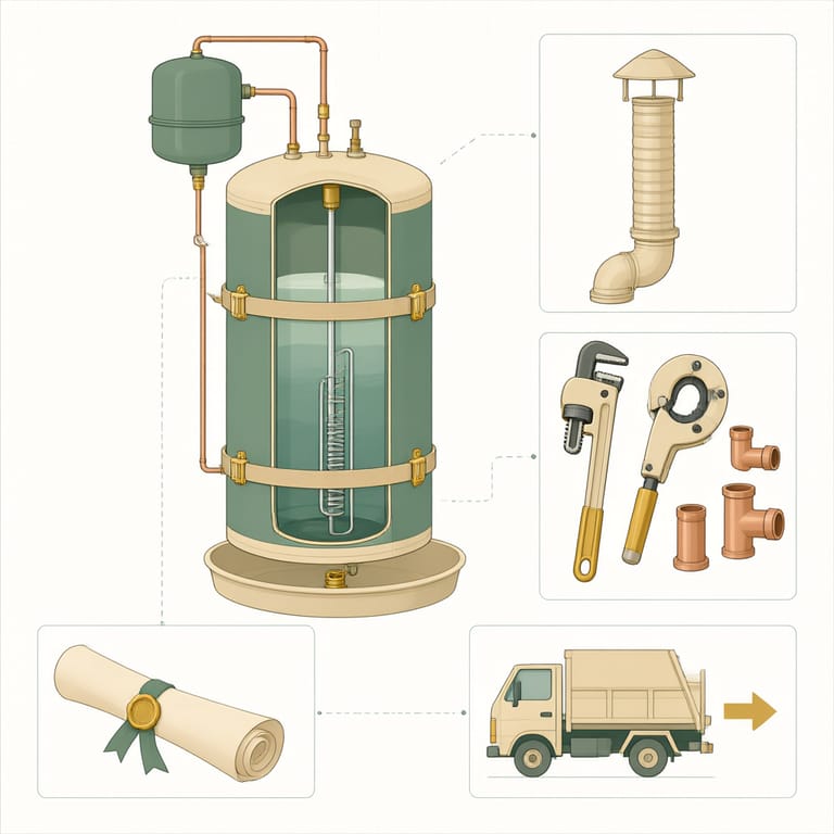 Diagram of a tank water heater installation quote split into line items: unit, labor, venting changes, expansion tank, code upgrades such as seismic straps and drain pan, permit, and haul-away