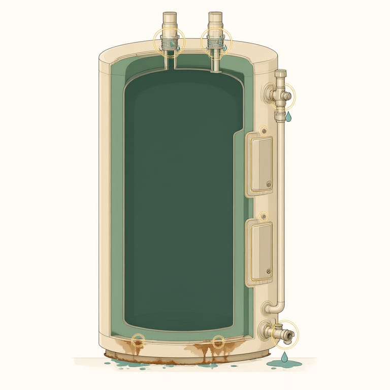 Labeled diagram of a tank water heater marking common leak points: inlet and outlet fittings on top, TPR valve and discharge pipe on the side, electric element access panels, drain valve near the floor, and corrosion weeping at the tank base