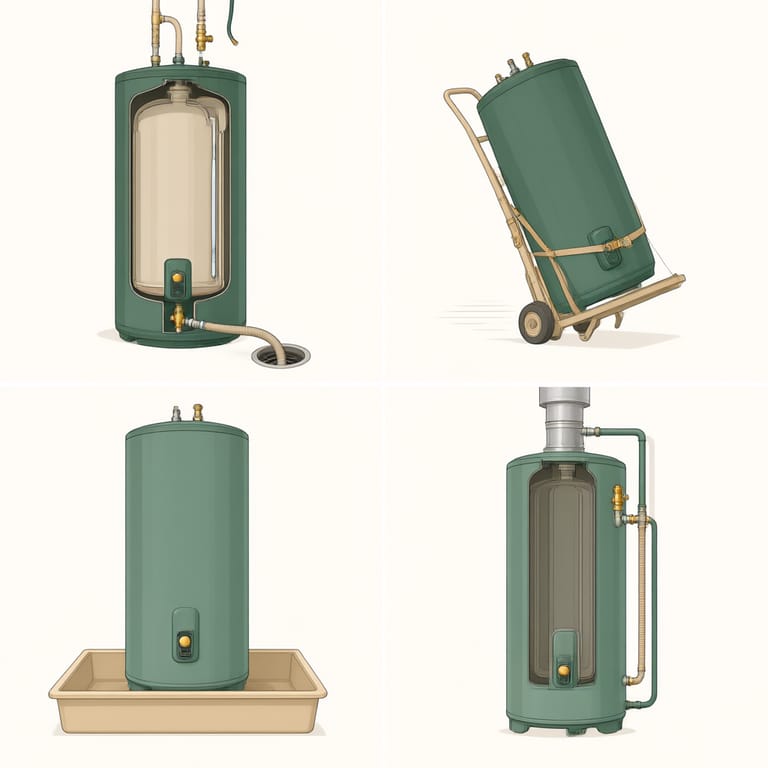 Four panel technical illustration of a storage water heater replacement sequence: draining and disconnecting the old tank, carrying it out, setting the new tank on a drain pan, and connecting water, gas and vent lines with the relief valve discharge pipe in place